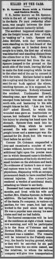 Killed by cars, T.E. Spencer Meets with a Violent Death. The Weekly Republican, Newton, Kansas 30 Oct 1885